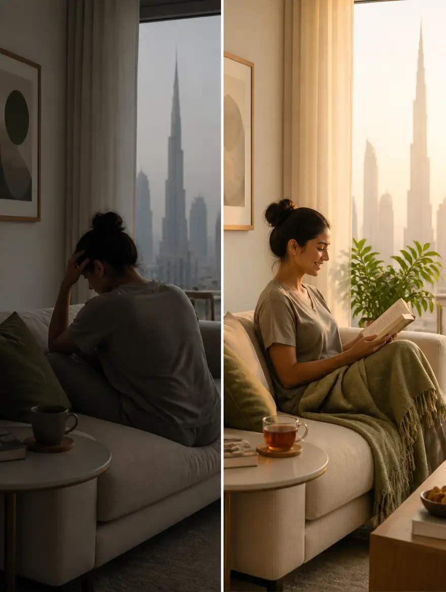 Editorial split-scene illustration in warm sage and cream tones. Left half shows a person on a couch in dim morning light, hand on forehead, posture slumped. Right half shows the same person eight weeks later, sitting comfortably with a soft smile reading a book, sage throw, healthy plant on the sill.