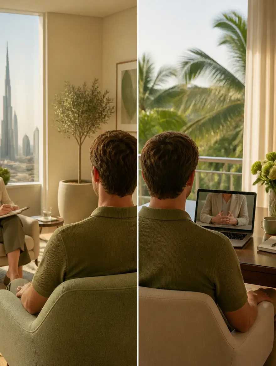 Split editorial illustration: same client in an in-person session at the clinic on the left, on a video call from a sunlit travel setting on the right.