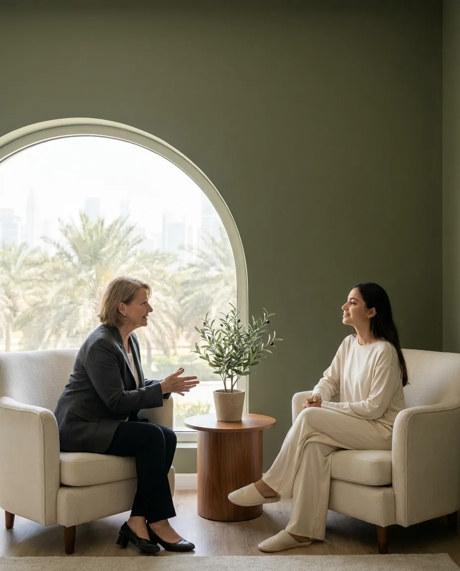 A young female client in modest cream loungewear in calm conversation with her senior female clinical psychologist in a sage-walled Dubai consultation room, large arched window with palm trees behind them, comfortable trusting body language.